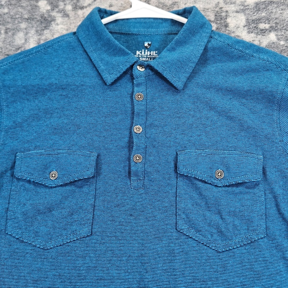 Kuhl Short Sleeve Polo Shirt Blue Double Pockets Mountain Hiking Mens Small